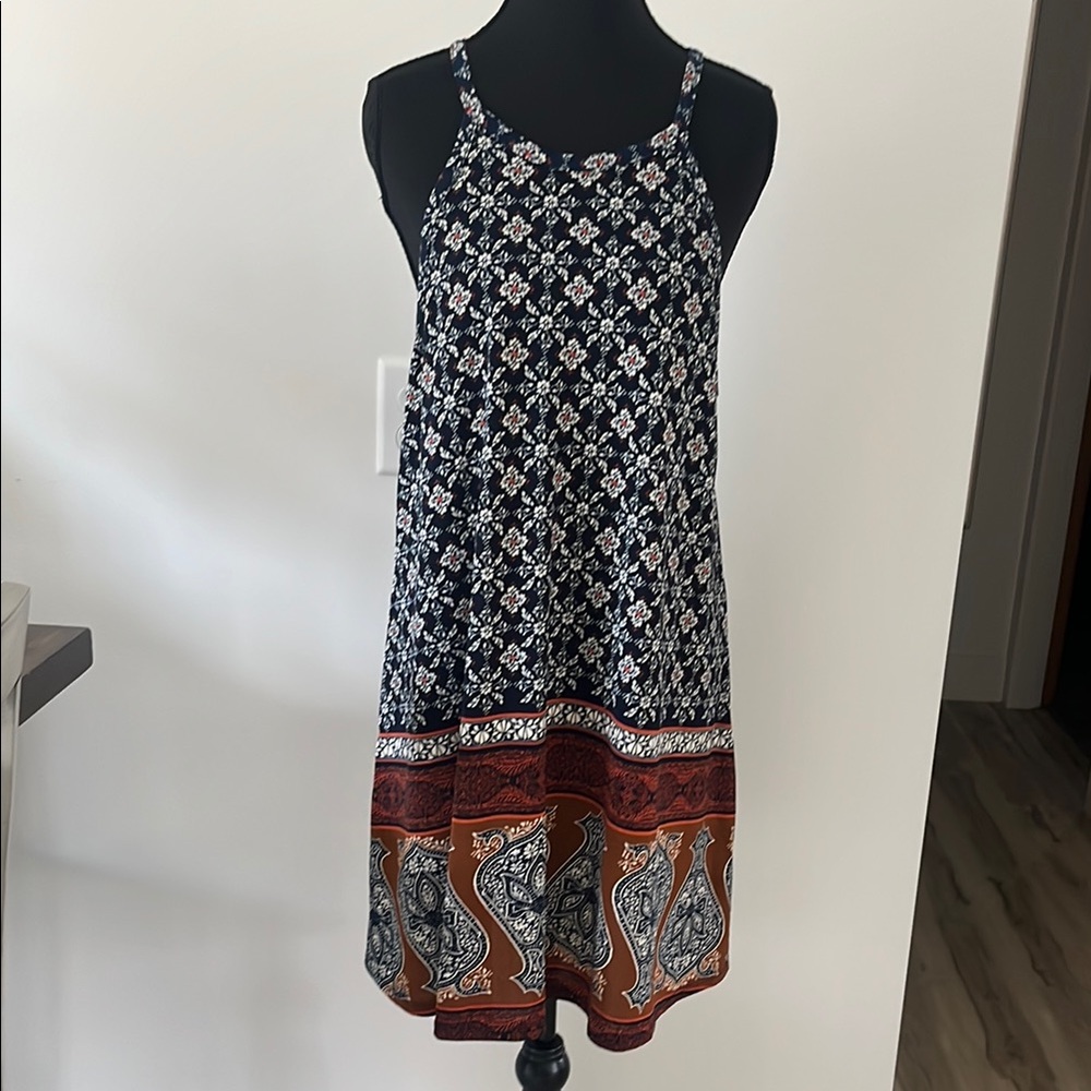 Exhilaration L Floral Sleeveless swing Dress - navy and oranges, ivory. summer